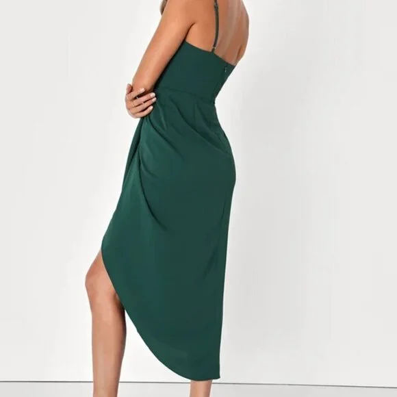 Lulus Dark Green Reinette Midi High Low Wrap Dress size Small Wedding Guest - Picture 3 of 10